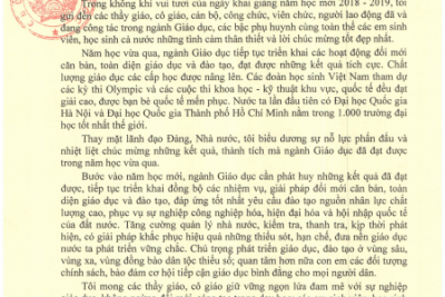 THƯ CHÚC MÙNG CỦA CHỦ TỊCH NƯỚC NHÂN NGÀY KHAI GIẢNG NĂM HỌC MỚI 2018-2019