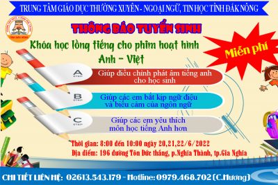 THÔNG BÁO TUYỂN SINH KHÓA HỌC LỒNG TIẾNG CHO PHIM HOẠT HÌNH (ANH – VIỆT) DÀNH CHO THIẾU NHI