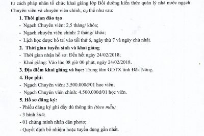 THỐNG BÁO TUYỂN SINH LỚP BỒI DƯỠNG NGẠCH CHUYÊN VIÊN, CHUYÊN VIÊN CHÍNH KHÓA 3 2018